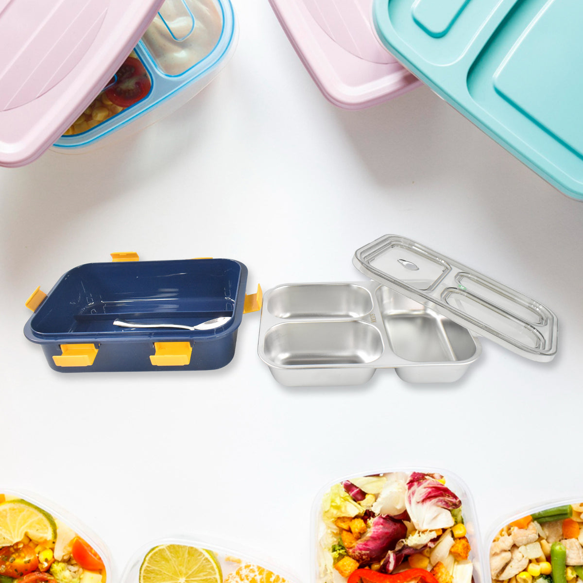 3 Compartment Transparent Stainless Steel Lunch Box For Kids - Shop Gharse