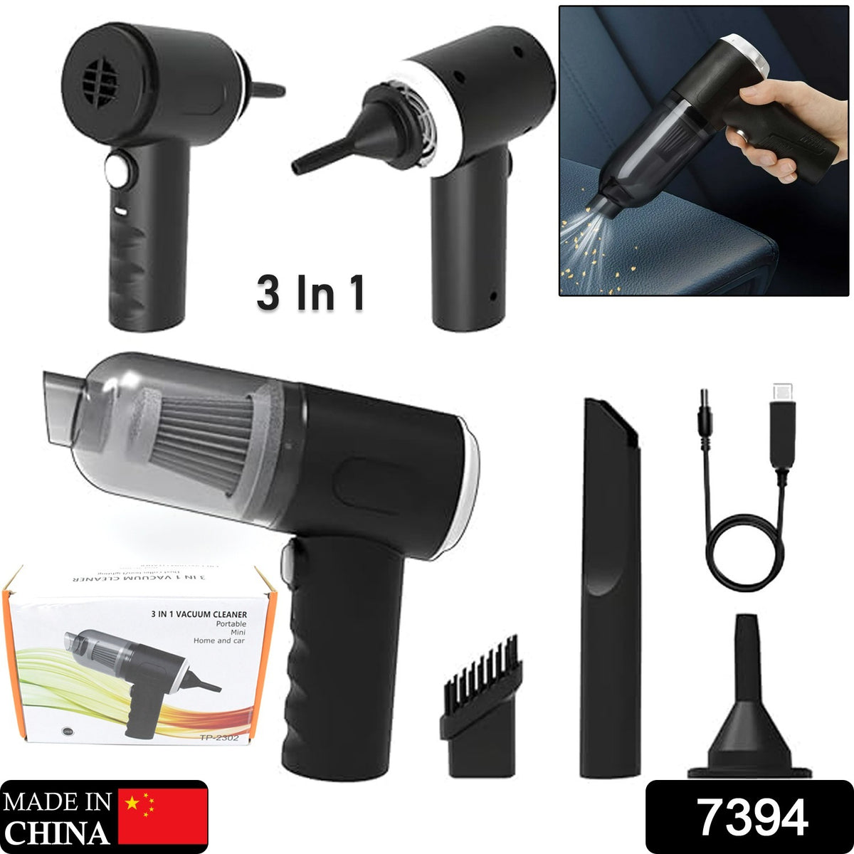 7394 3 In 1 Car Mini Vacuum Cleaner With Blower Wireless Portable Rechargeable Handheld High Power Suction Vacuum Cleaning Machine For Home Car Computer Keyboard Cordless Air Blowing Dusting - Shop Gharse