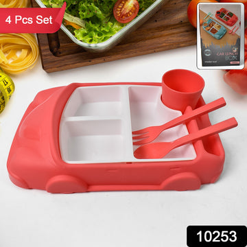 Kids Car Shaped Plates Cup  Lunch Box Dinnerware Set (4 Pcs Set  1000 Ml Lunch Box) - Shop Gharse